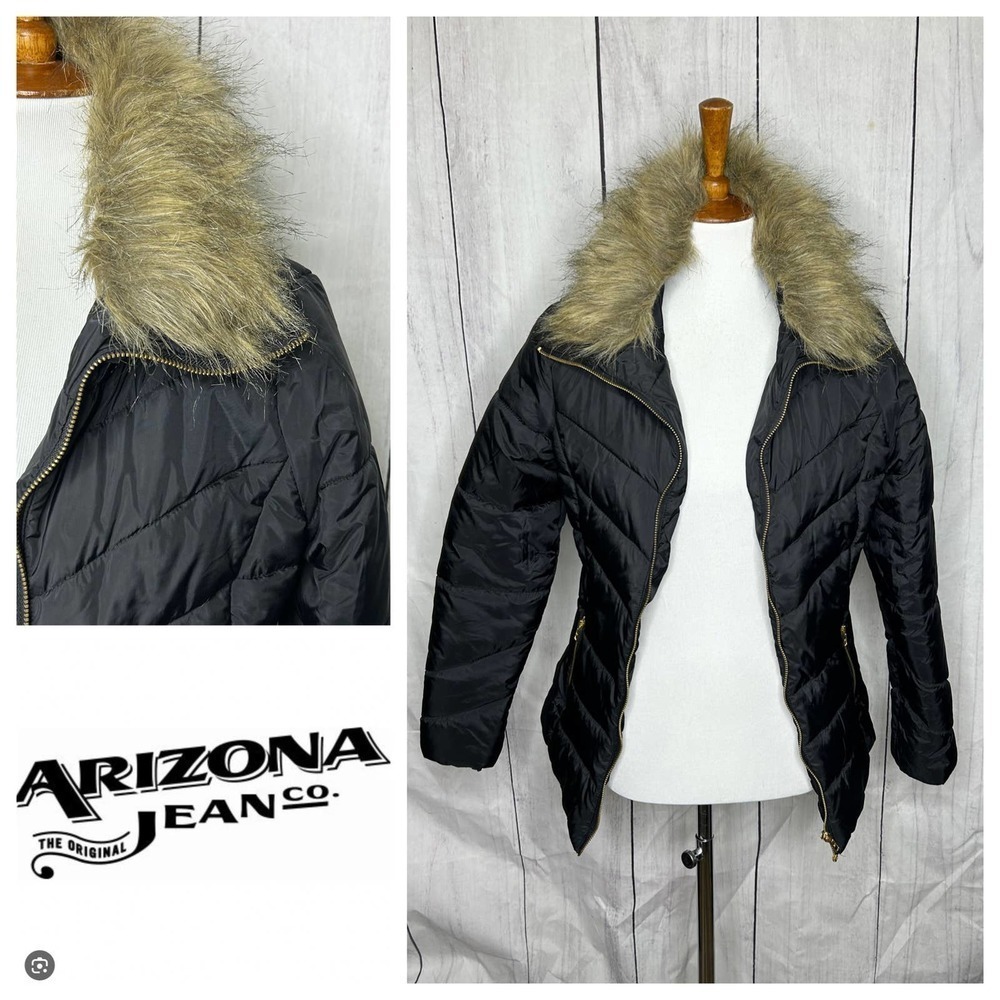 Arizona Jean‎ Co Womens Black Quilted Puffer Jacket Faux Fur Collar Moto Style M